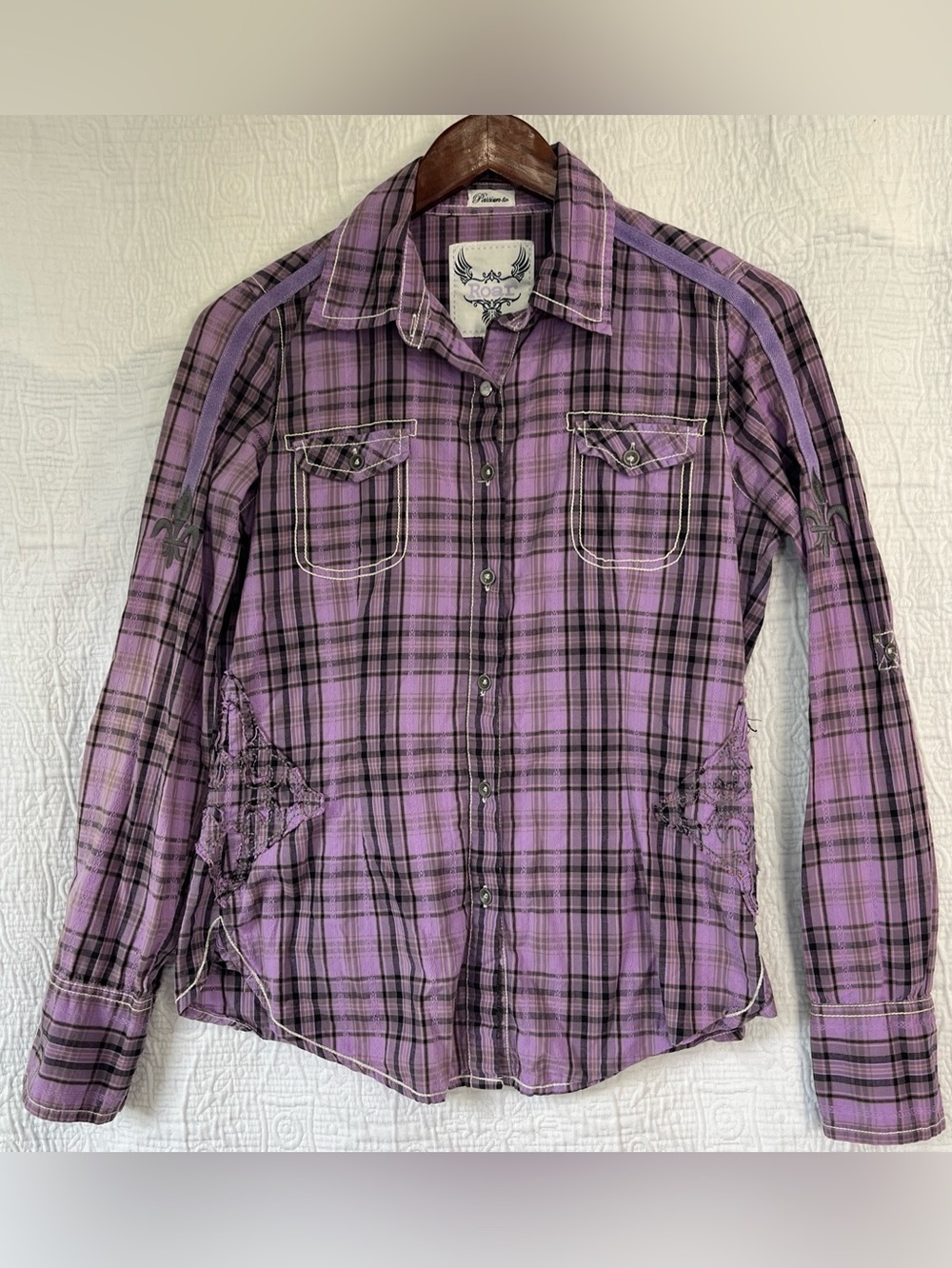 Roar Purple Embroidered Western Shirt Women M Passion To Patty Plaid Cowgirl Top